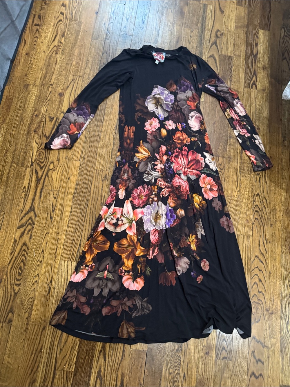 Johnny Was Black Maxi Dress with Multicolor Floral Print
